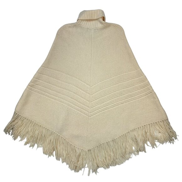 Banana Republic Vintage Merino Wool Turtleneck Fringe Poncho Sweater XS/S Cream - Picture 12 of 13